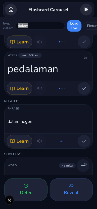 dalam's card, scrolled further: the Related label
